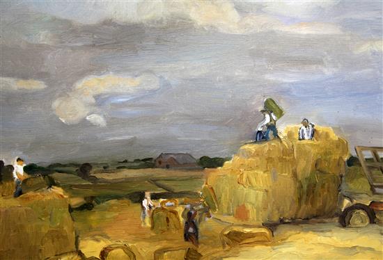 § Sheila Fell (1931-1979) Men working in a harvest field 20 x 24in.